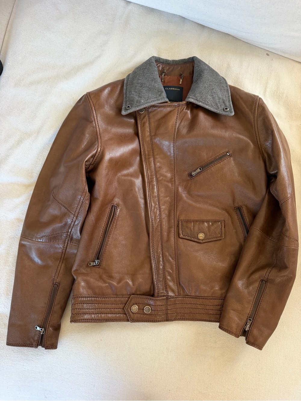 Roberto Cavalli Brown Leather Jacket with Cotton Contrast Collar